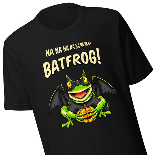 Stormseye design bat frog halloween T-shirt flat view black
