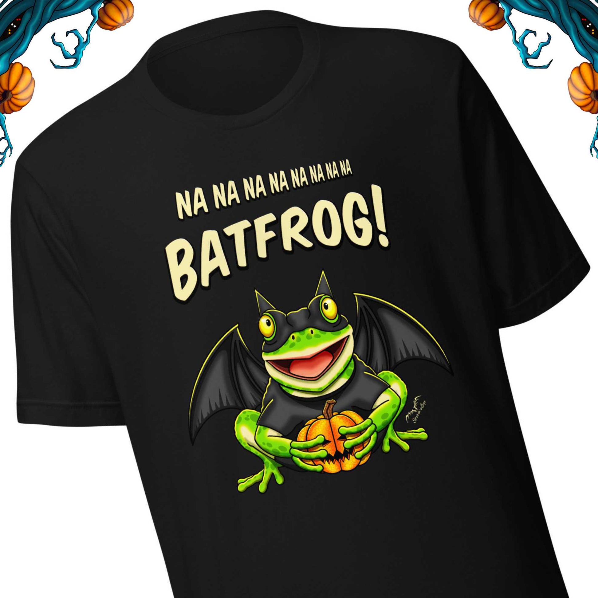 stormseye design funny bat frog halloween T shirt detail view black