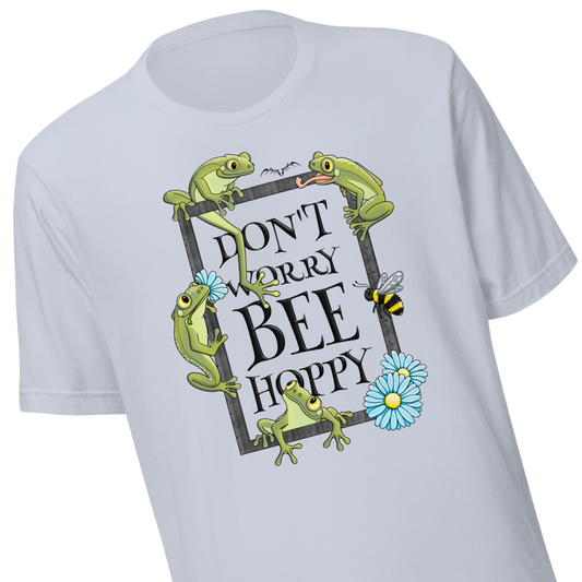 stormseye design don’t worry bee hoppy T shirt, detail view pale blue