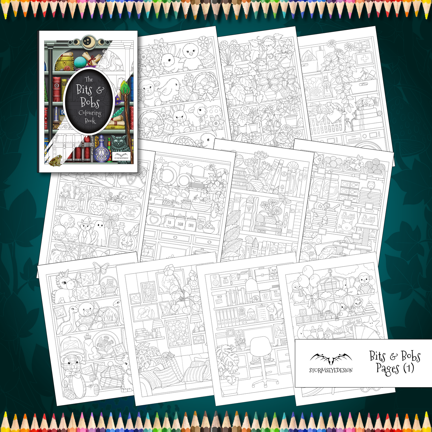 Coloring book with pages displayed on a dark green background with colored pencils at the top and bottom.
