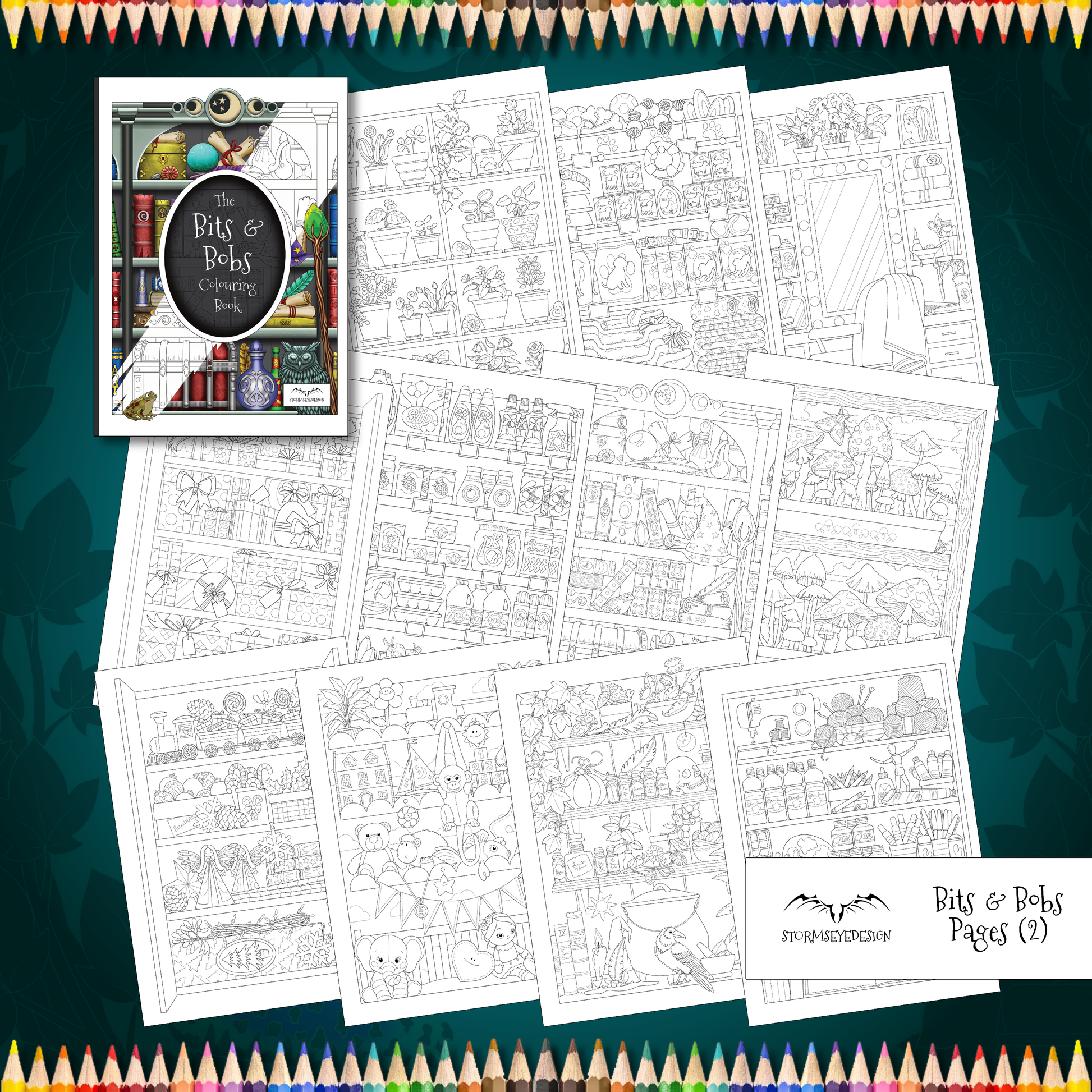 Coloring book and pages on a green background with colored pencils.