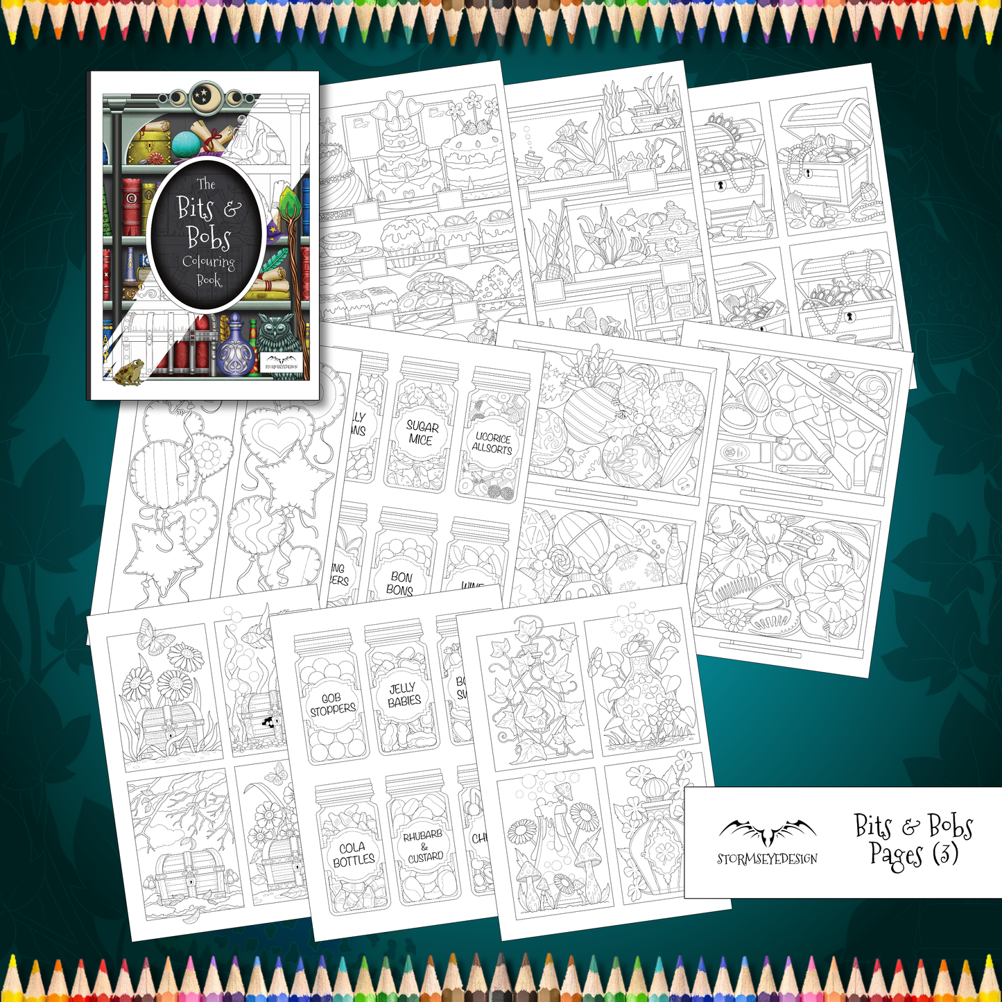 Coloring book and pages on a dark green background with colorful pencils.