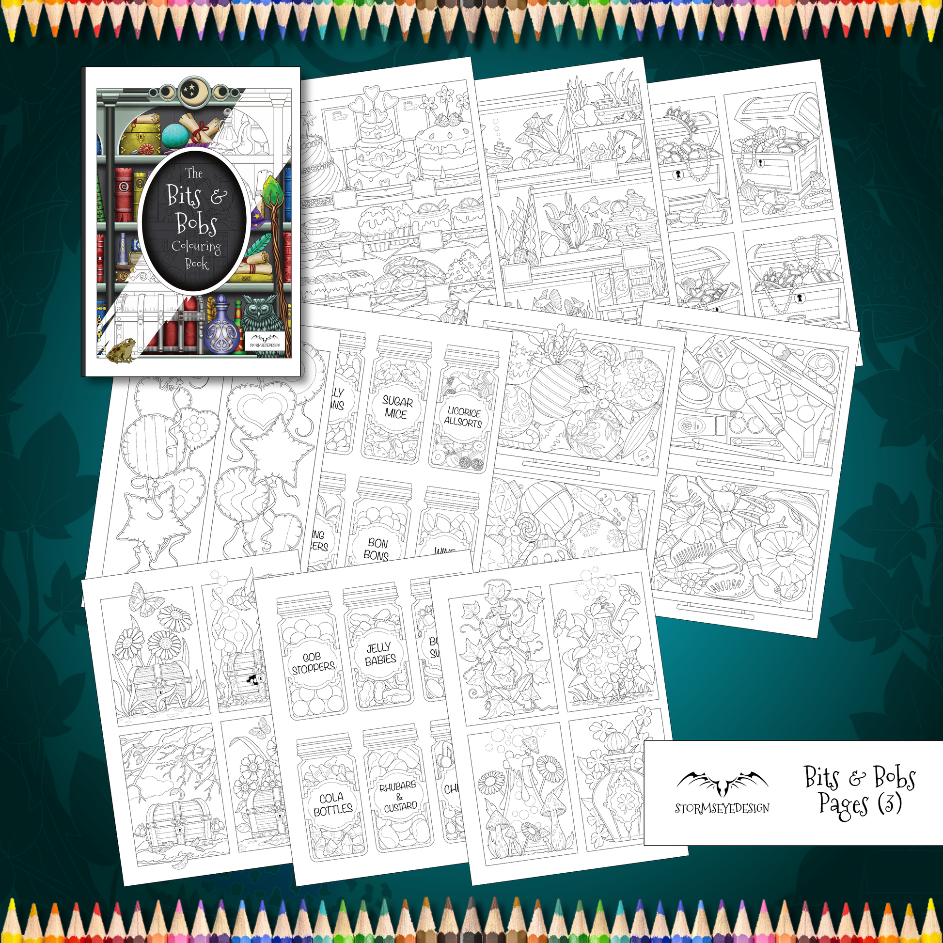 Coloring book and pages on a dark green background with colorful pencils.