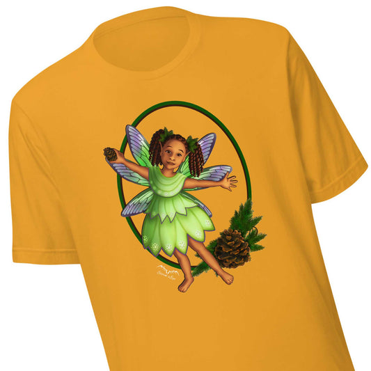 Pretty black pine fairy shirt, mustard yellow, zoom view