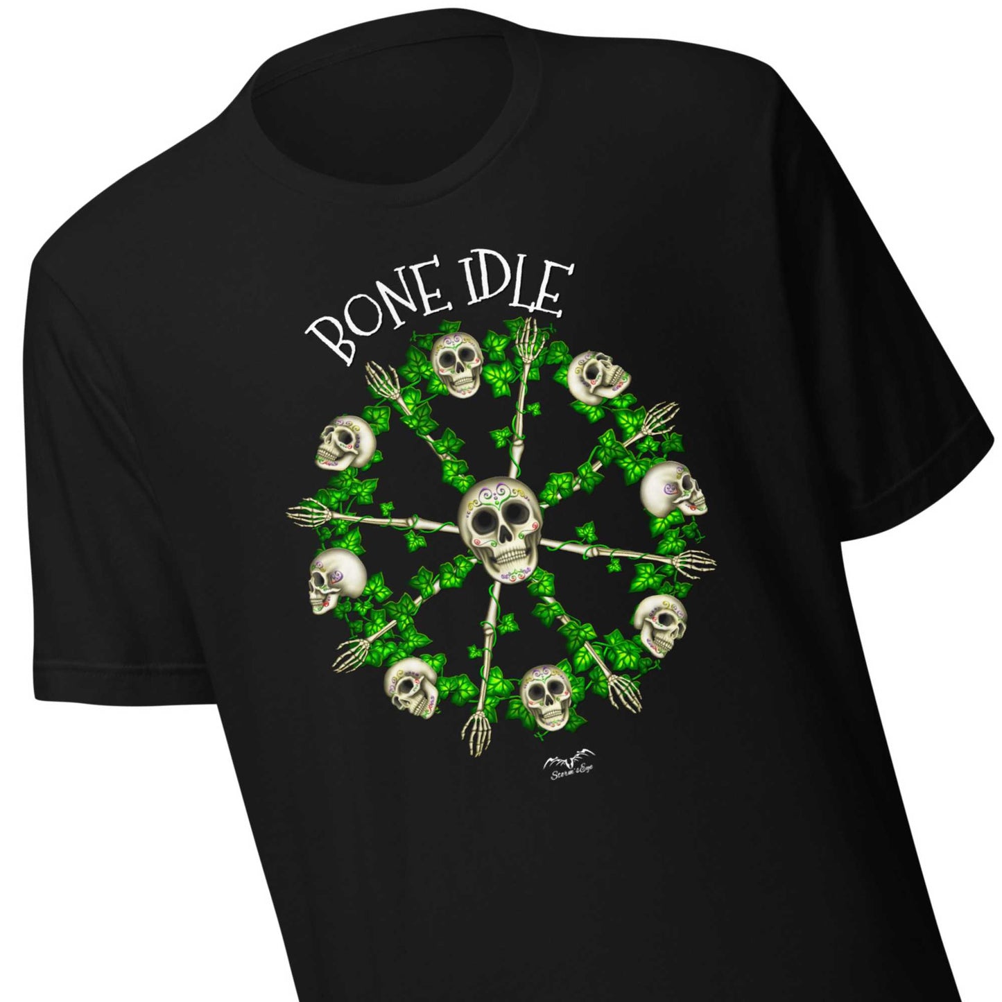 stormseye design bone idle sugar skulls T shirt detail view black