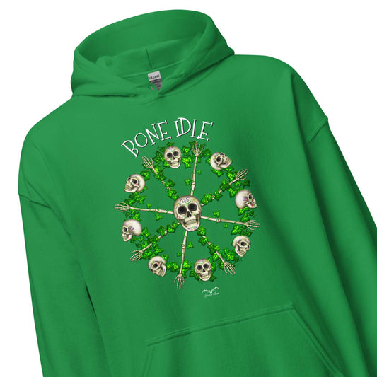 stormseye design bone idle skulls hoodie detail view irish green