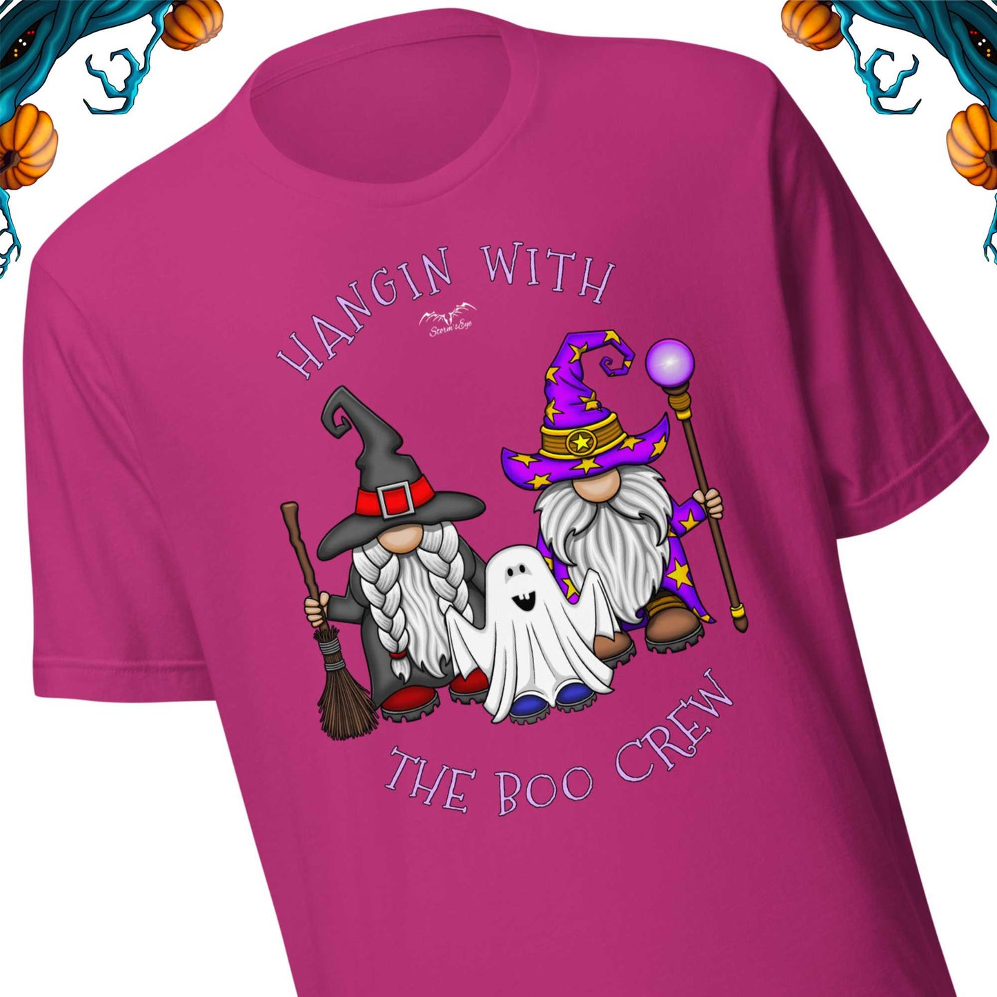 stormseye design boo crew halloween gnomes T shirt detail view pink