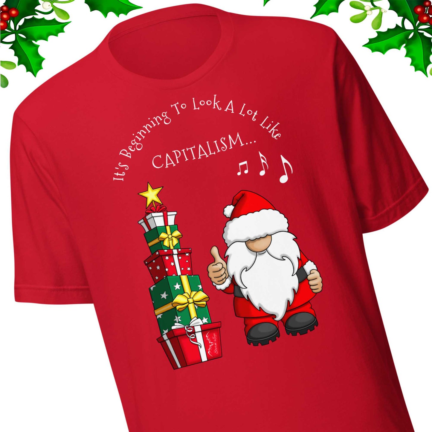 stormseye design festive capitalism christmas T shirt, detail view bright red