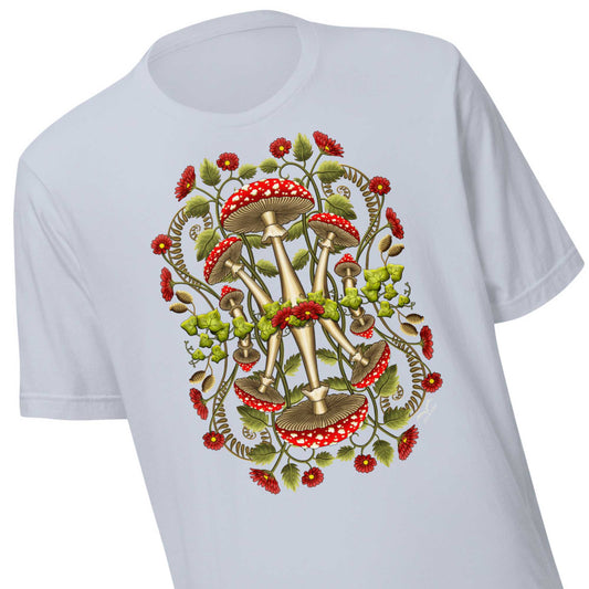 Cottagecore Heaven mushrooms shirt by Stormseye, pale blue, zoom view