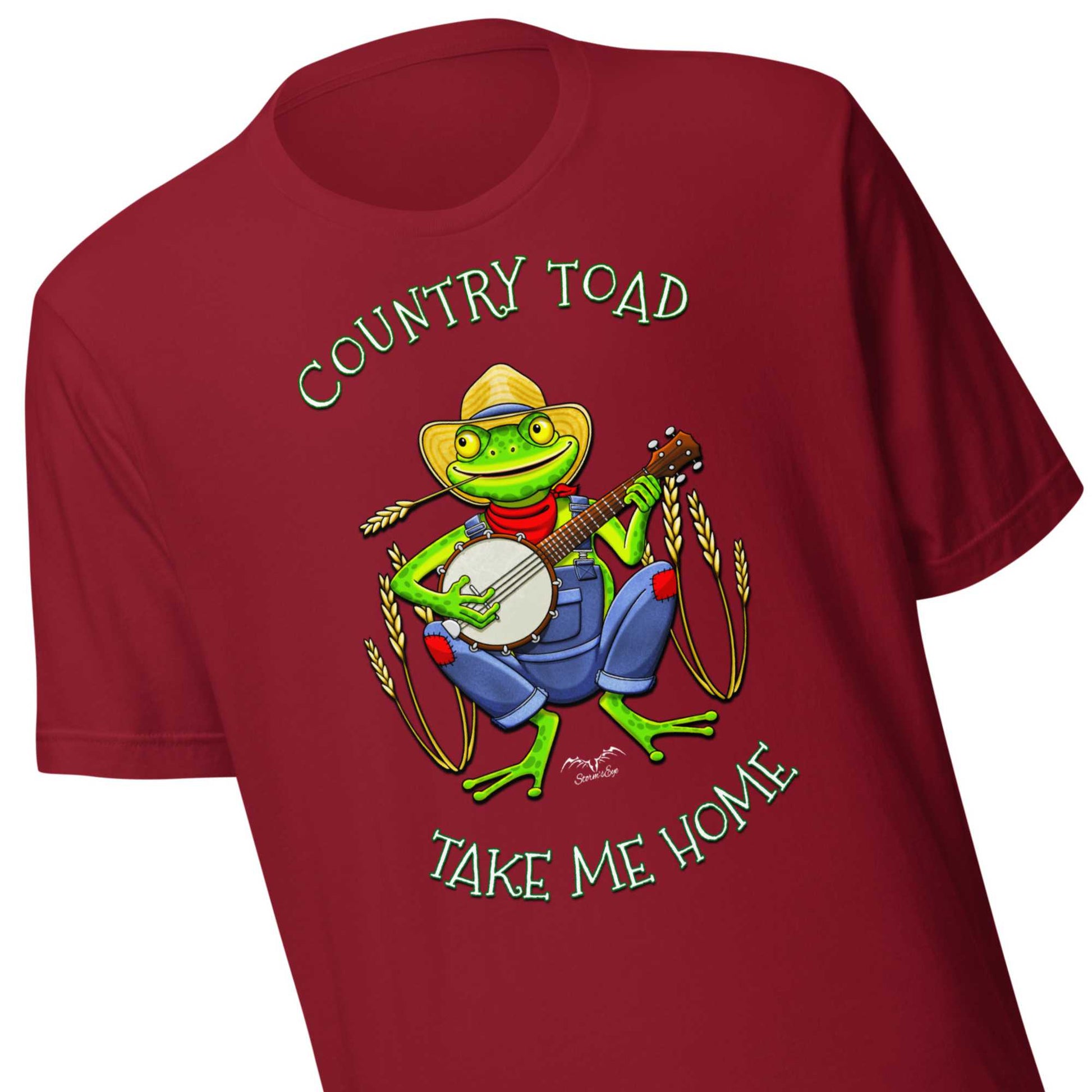 stormseye design country toad banjo T shirt, detail view cardinal red
