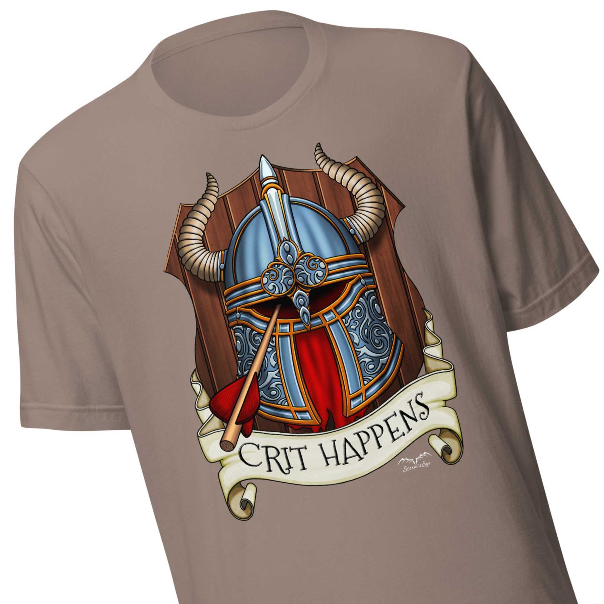 Crit Happens DnD T-shirt by Stormseye. Brown, zoom view