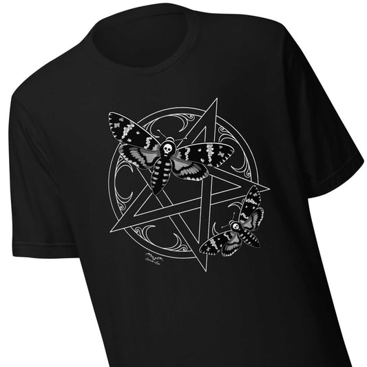 stormseye design deaths head moths pentagram T shirt detail view black