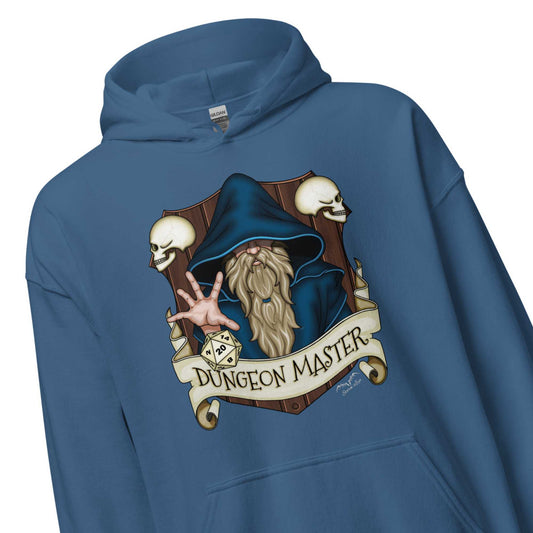 dungeon master DnD hoodie by stormseye design, blue, zoom view