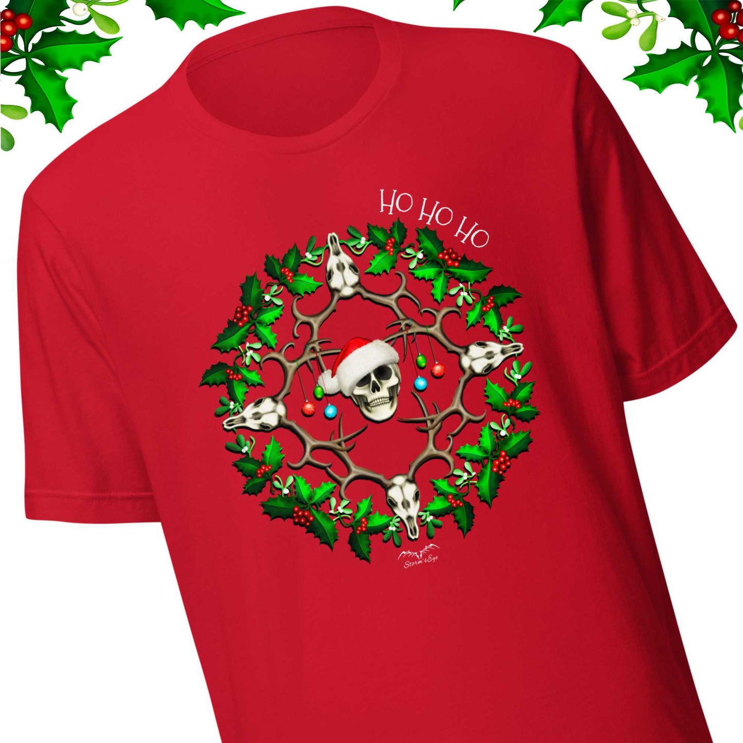 stormseye design festive skulls christmas T shirt detail view red