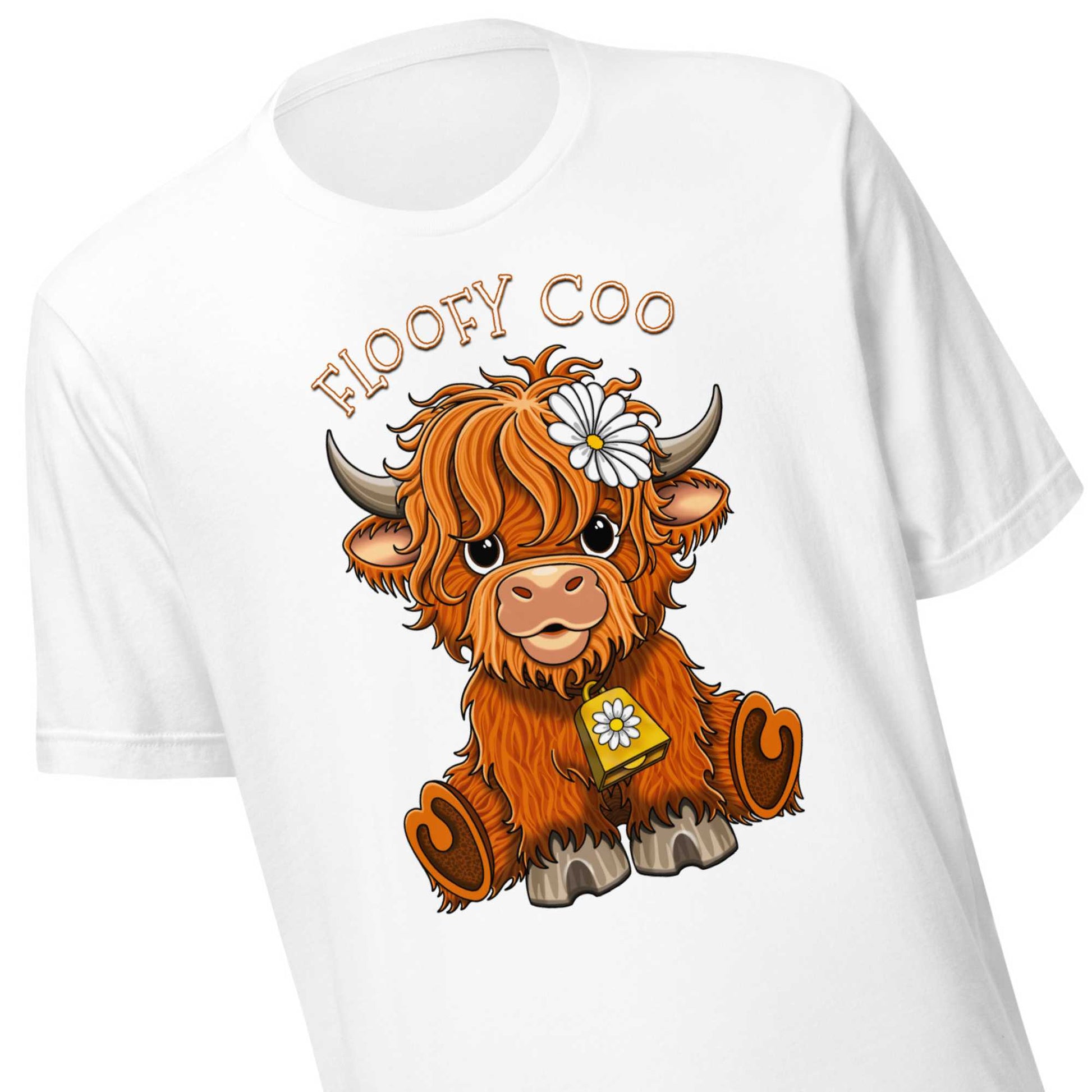 Floofy coo highland cow shirt by stormseye design, white, zoom view