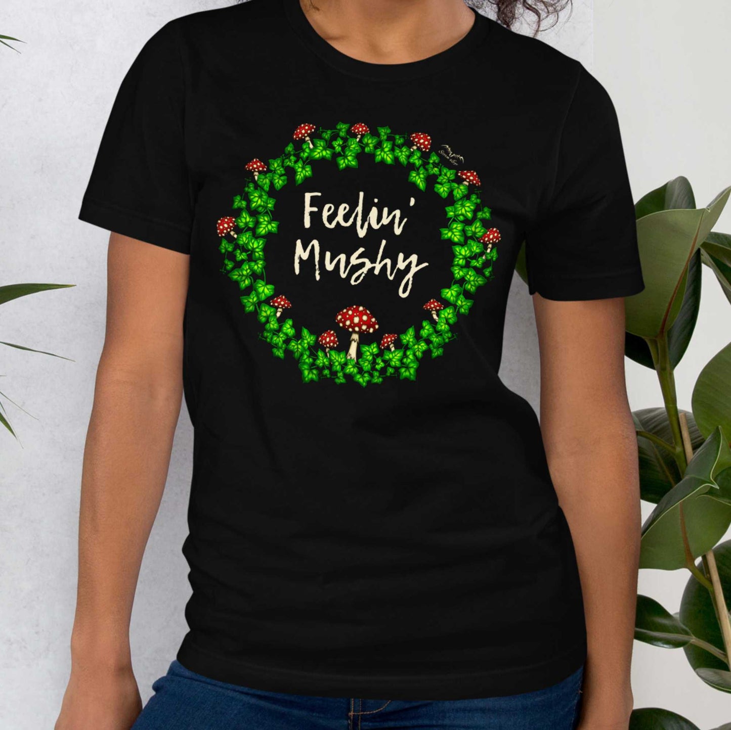 stormseye design feeling mushy mushrooms T shirt, modelled view black