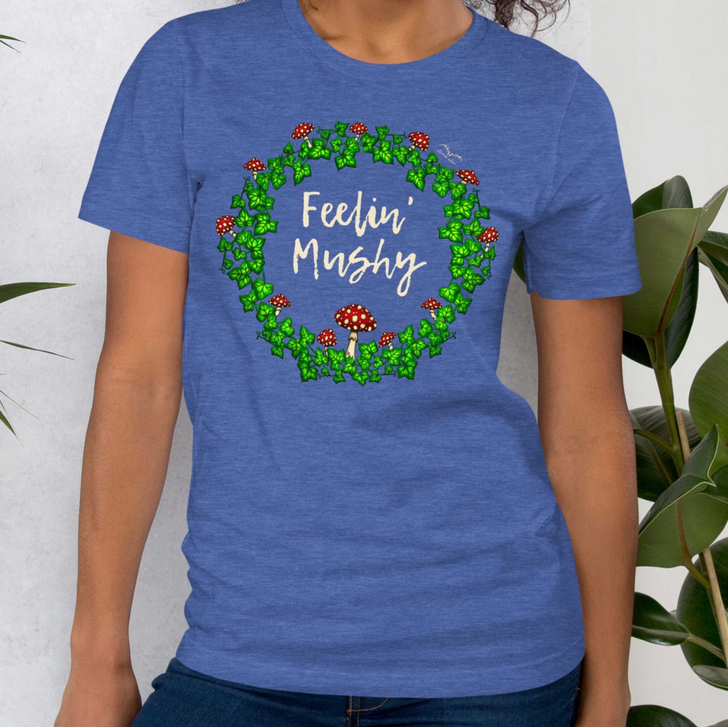 stormseye design feeling mushy mushrooms T shirt, modelled view heather royal blue