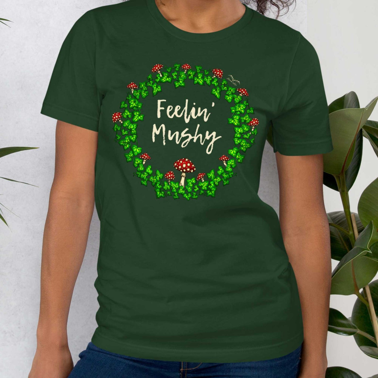 stormseye design feeling mushy mushrooms T shirt, modelled view dark green