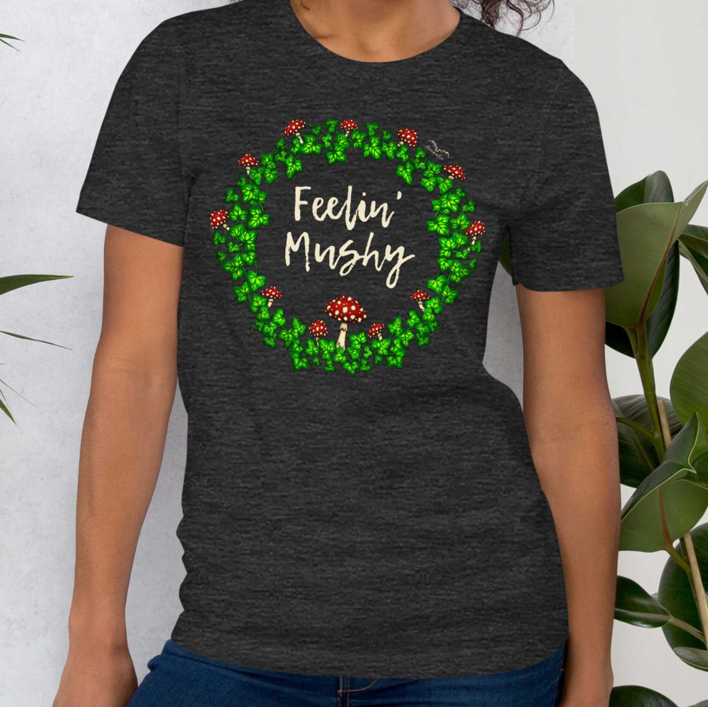 stormseye design feeling mushy mushrooms T shirt, modelled view heather dark grey