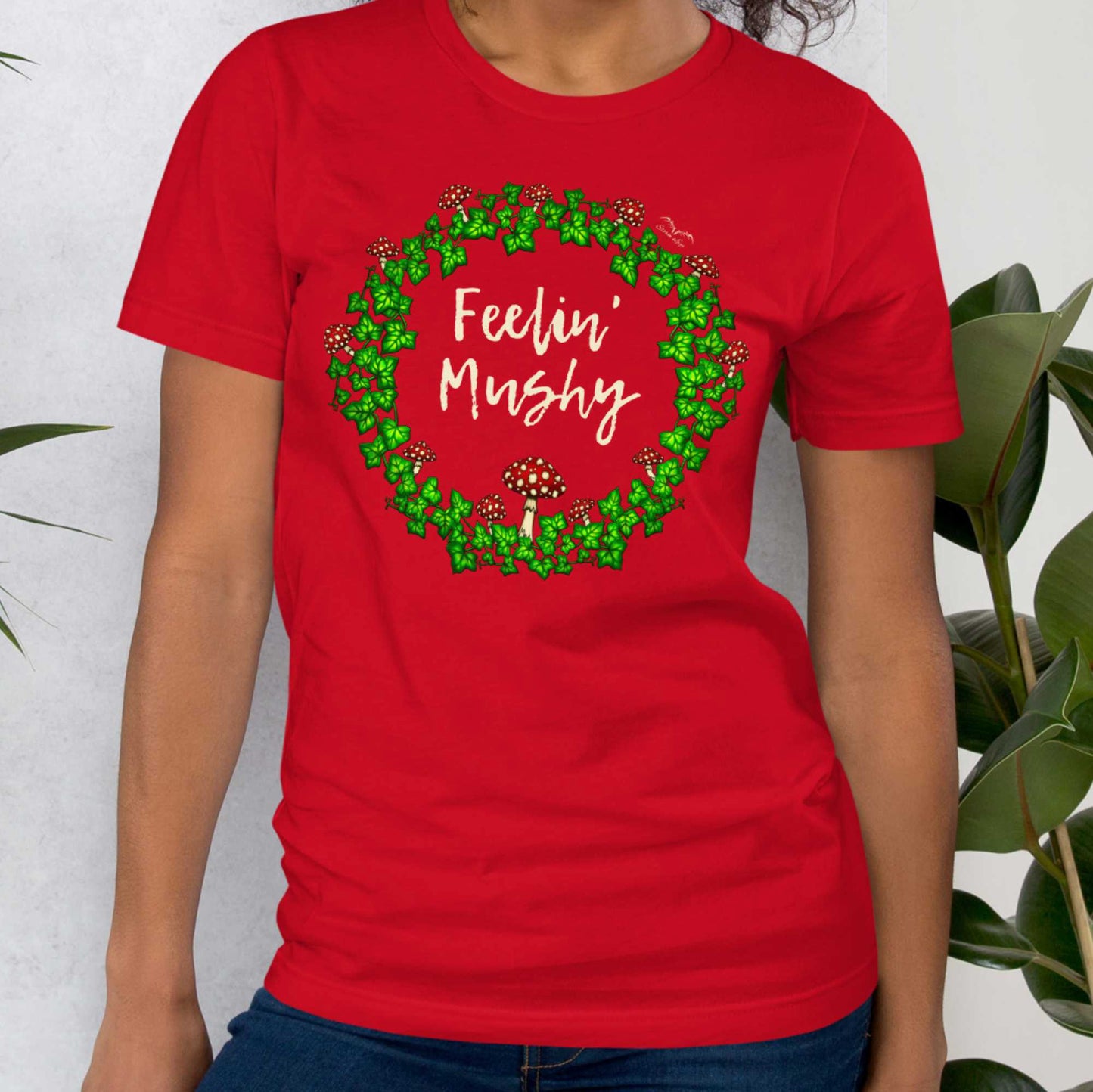 stormseye design feeling mushy mushrooms T shirt, modelled view bright red