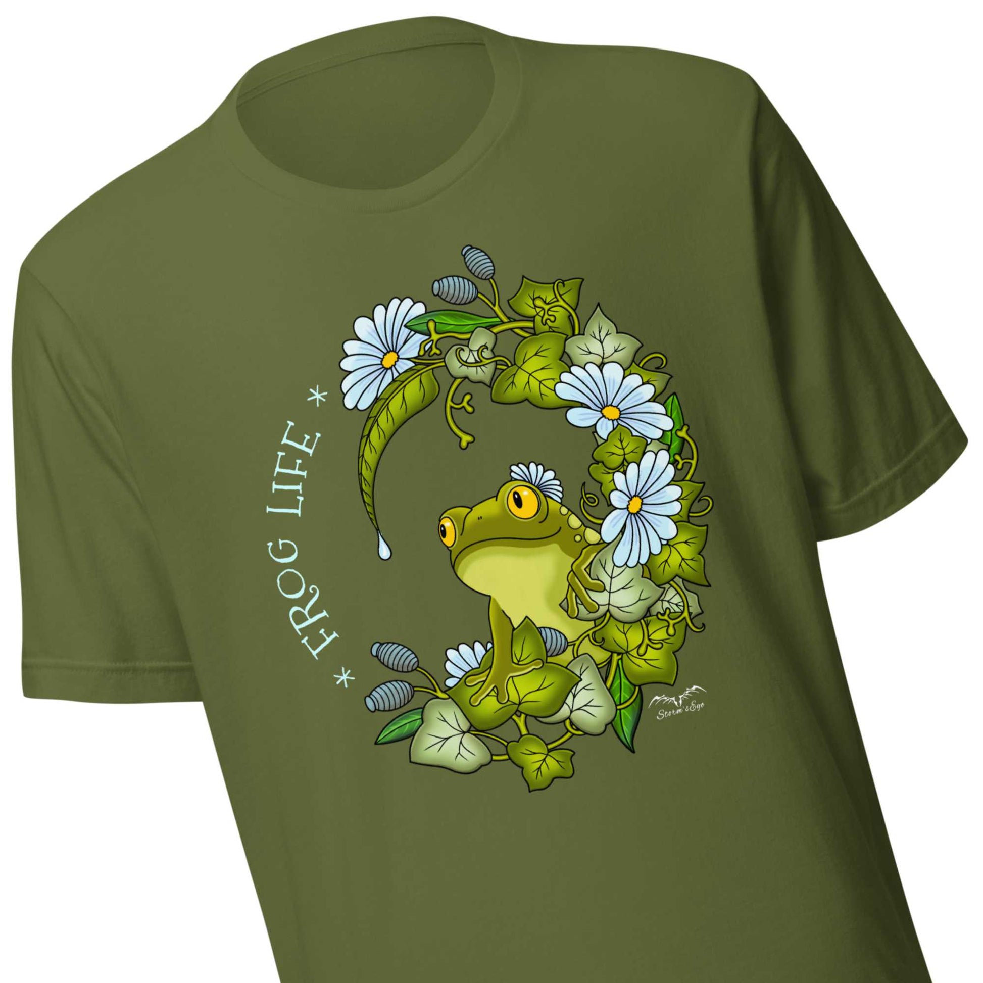 stormseye design frog life T shirt, detail view olive