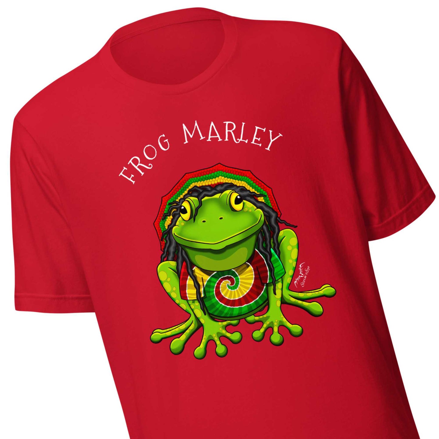 stormseye design frog marley reggae T shirt, detail view bright red