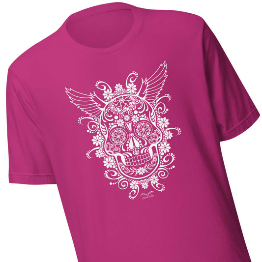 stormseye design gothic sugar skull T shirt detail view pink