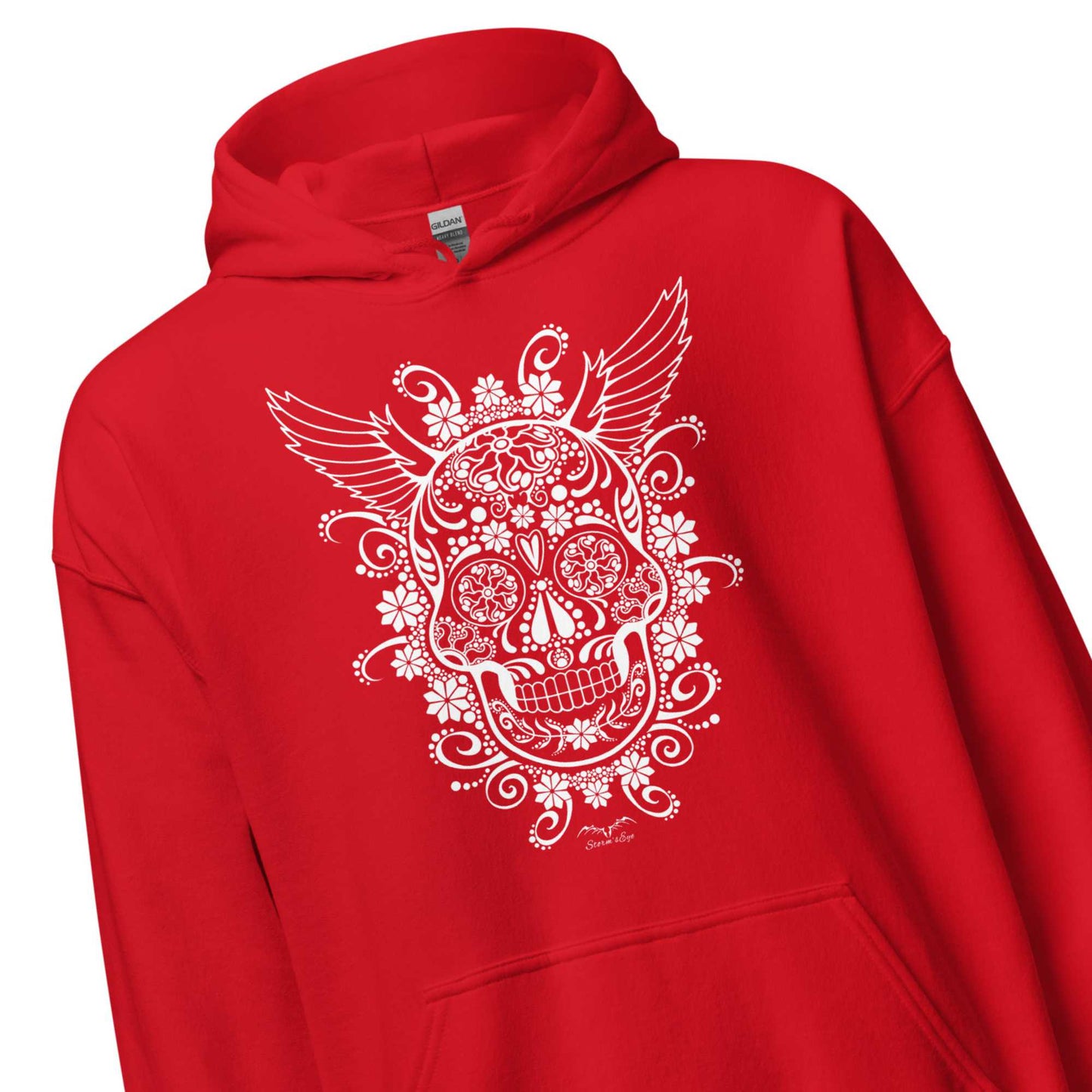 stormseye design gothic sugar skull hoodie detail view red
