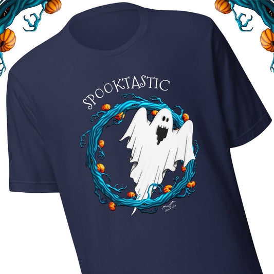 stormseye design halloween ghost spooktastic T shirt detail view navy blue