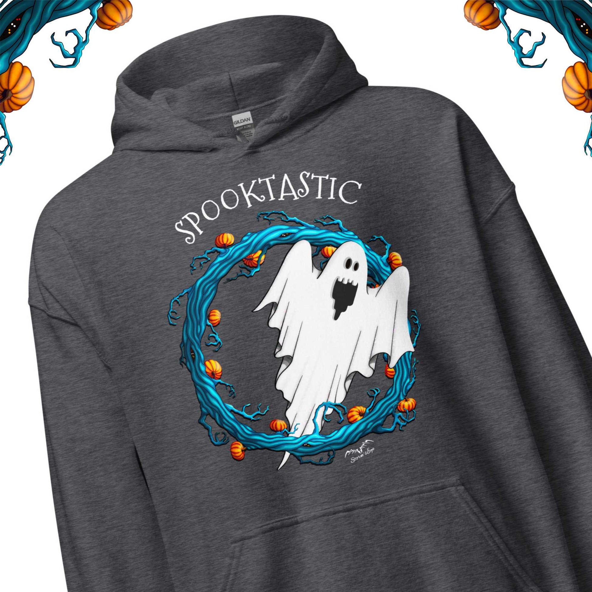 stormseye design halloween ghost spooktastic hoodie detail view dark heather