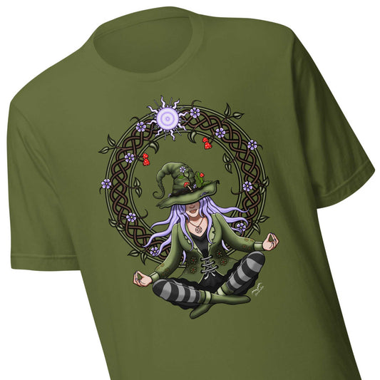 stormseye design hedge witch T shirt, detail view olive green