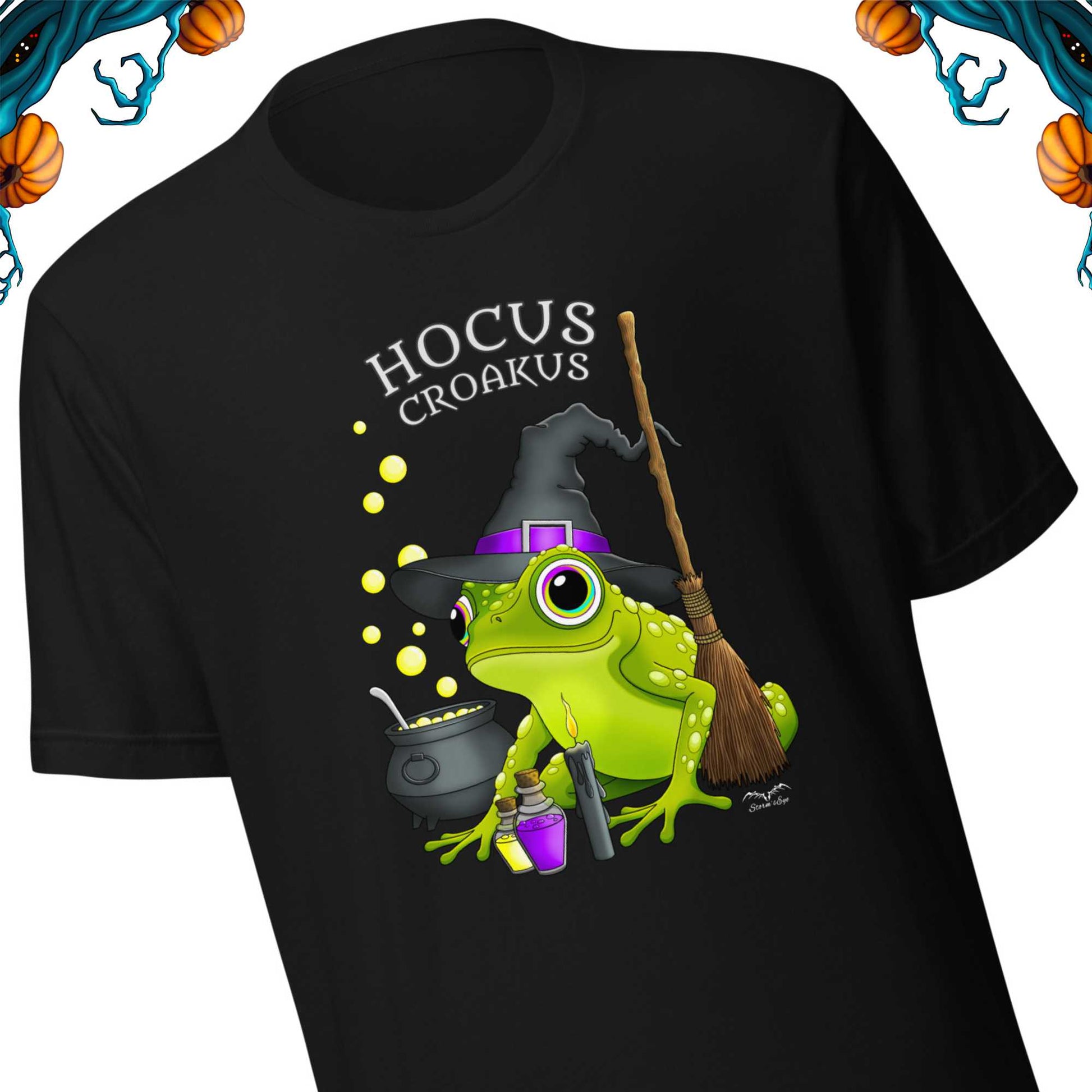 stormseye design witch frog hocus croakus T shirt, detail view black