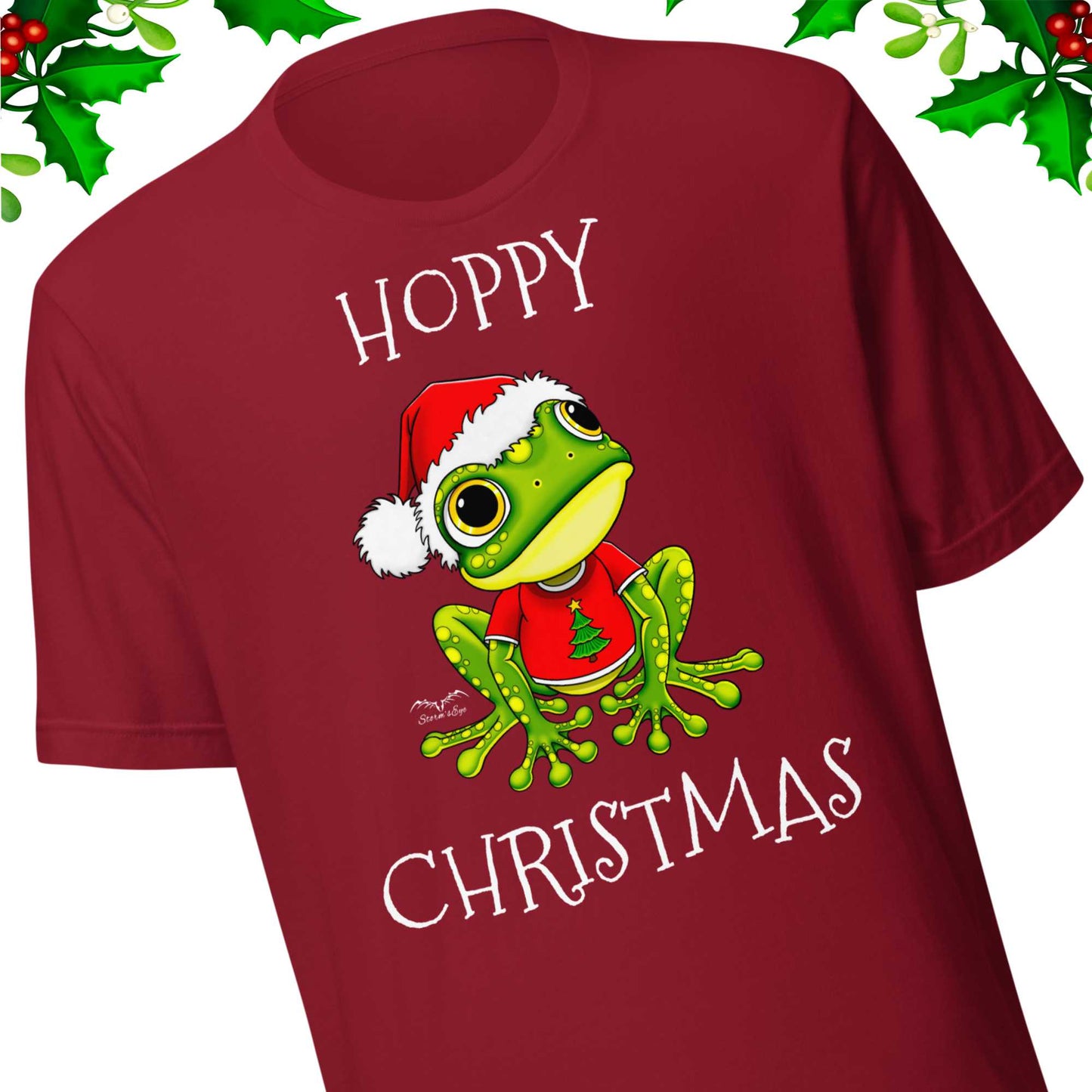 stormseye design hoppy christmas santa frog T shirt, detail view cardinal red