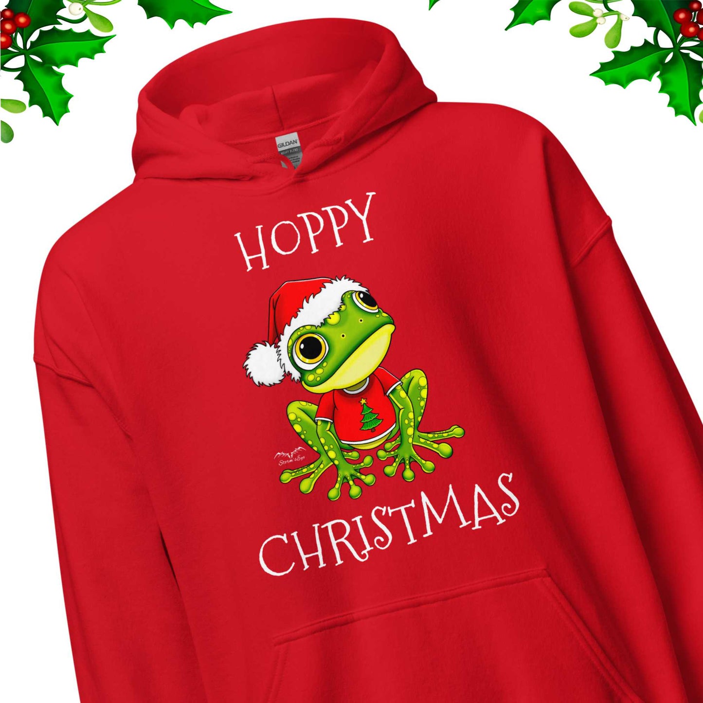 stormseye design christmas cute frog hoodie, detail view,red