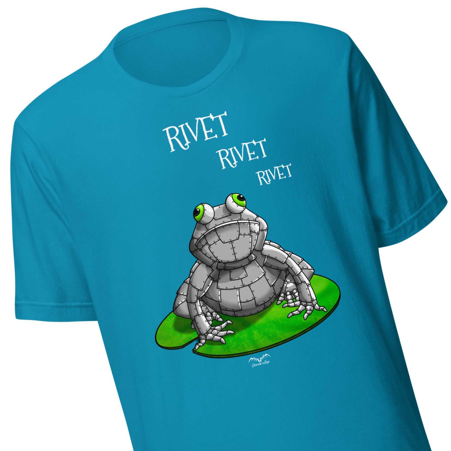 stormseye design metal frog T shirt, detail view bright blue