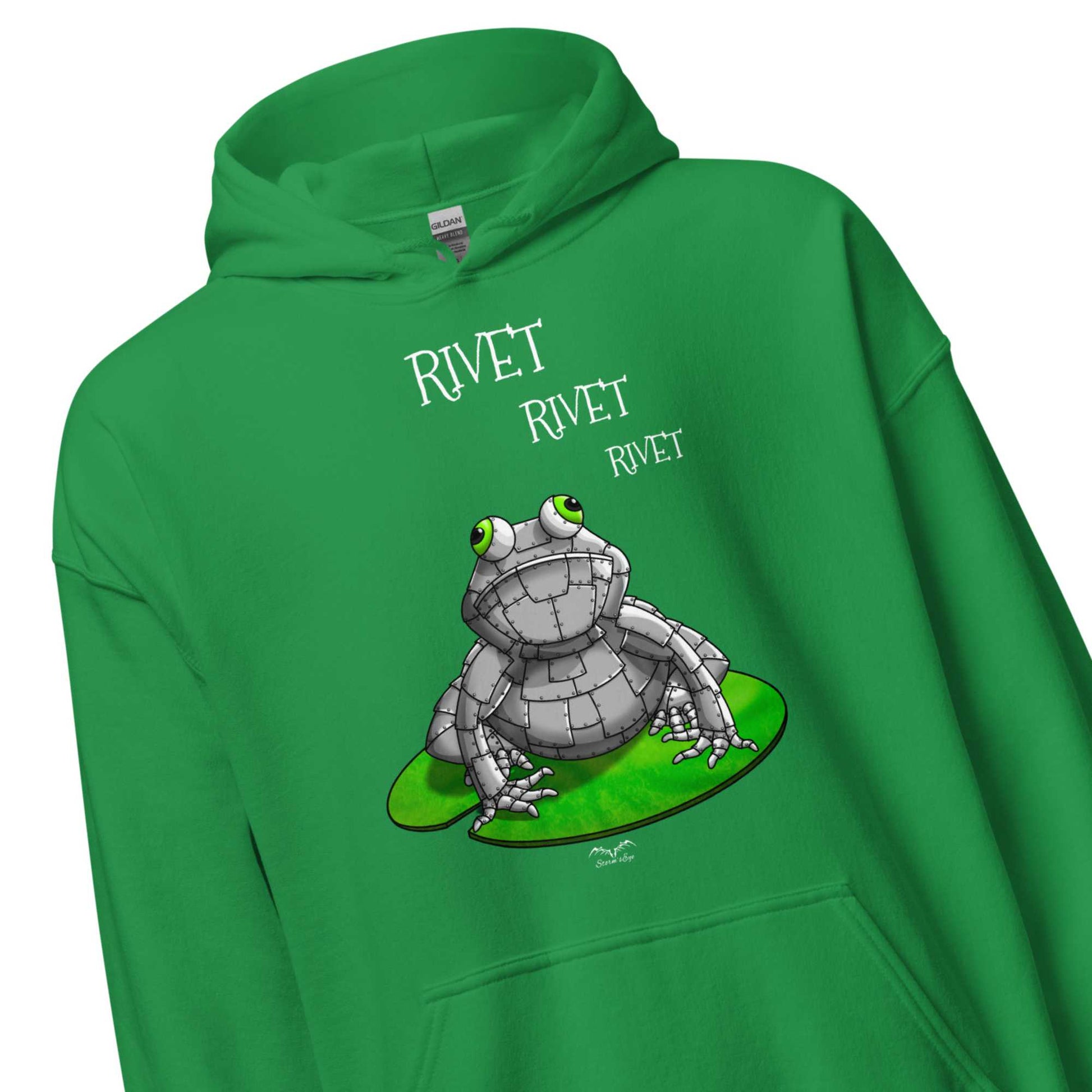 stormseye design funny metal frog hoodie detail view bright green