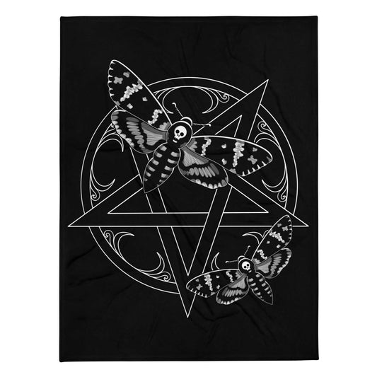 Death’s Head Moth Throw Blanket, Gothic Pentagram On Soft Fabric.