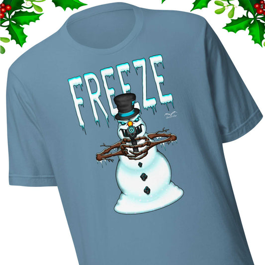 stormseye design mr freeze alternative christmas T shirt, detail view light blue