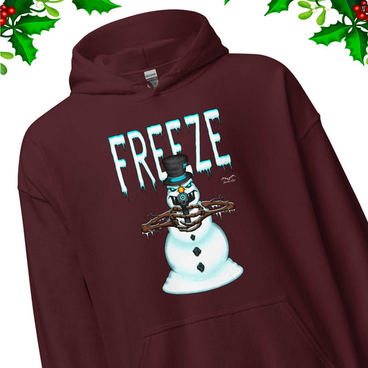 stormseye design mr freeze christmas hoodie detail view maroon red