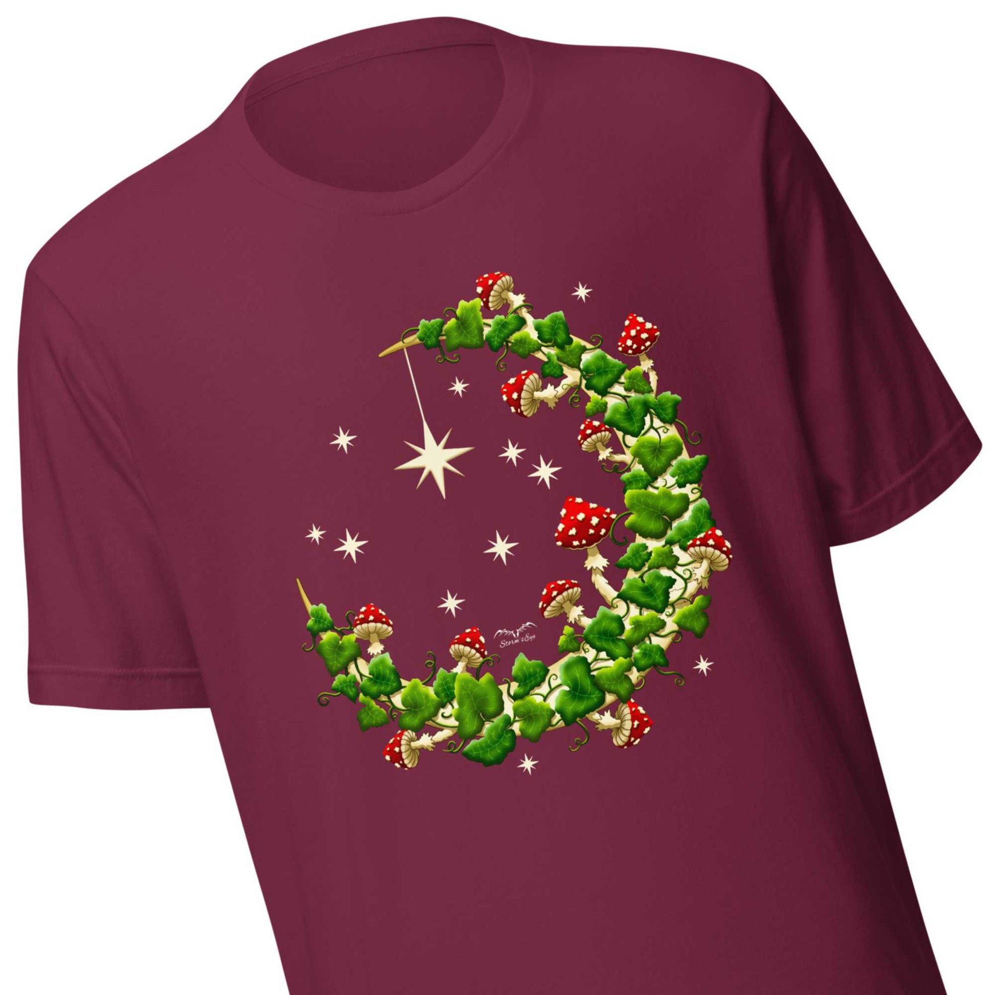 stormseye design mushroom moon witchy cottagecore T shirt, colour, detail view maroon red