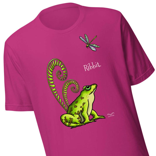 stormseye design pretty frog dragonfly T shirt, detail view bright pink