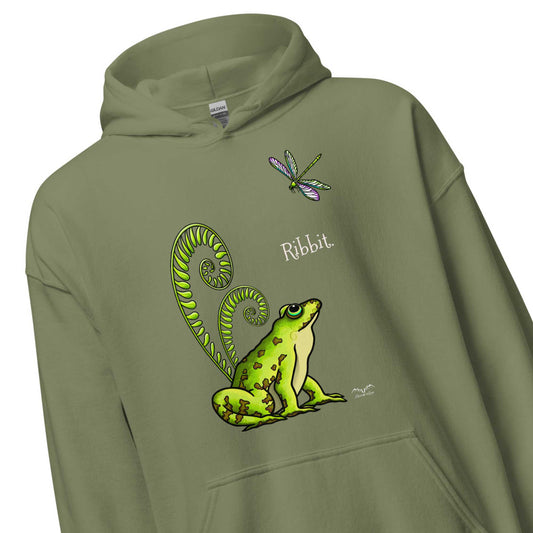 stormseye design pretty frog hoodie detail view army green