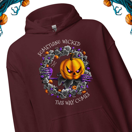 stormseye design pumpkin king halloween hoodie detail view maroon red