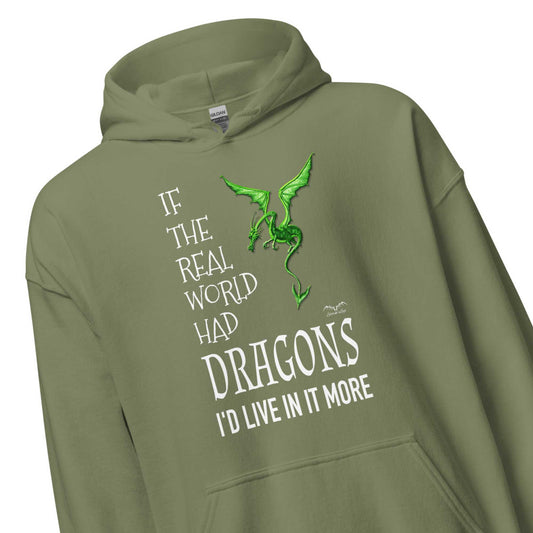 real world dragons hoodie by stormseye design, army green, zoom view