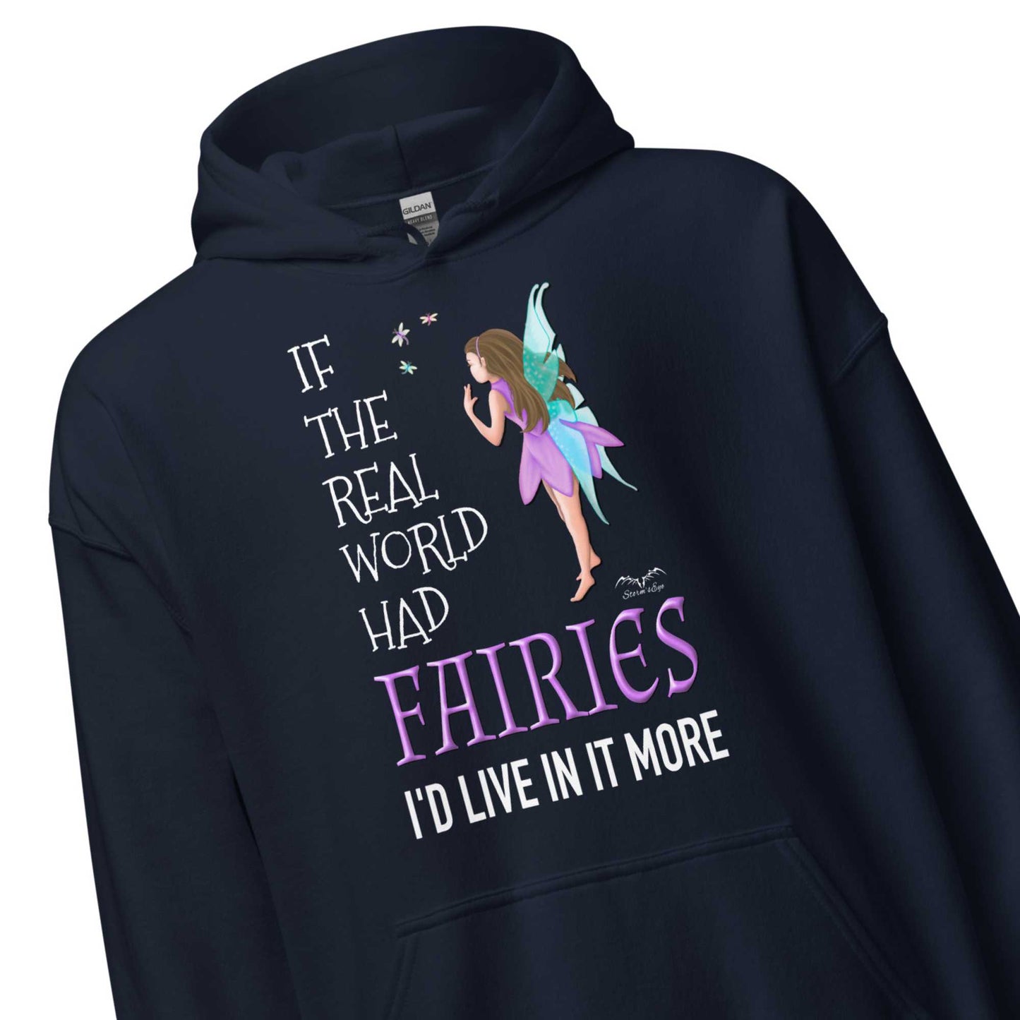 stormseye design real world fairies hoodie, zoomed view navy blue
