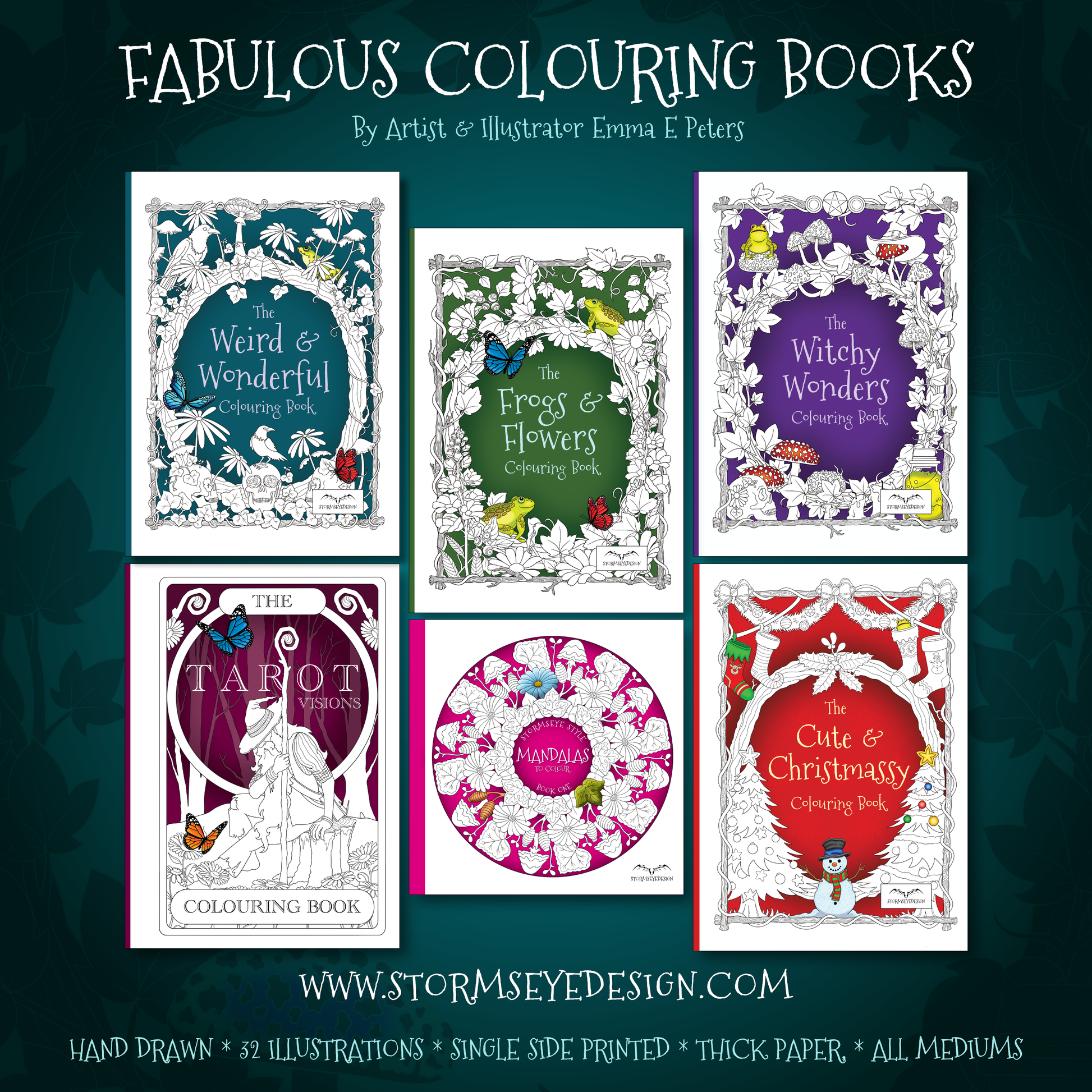 The first 6 Stormseye colouring book covers