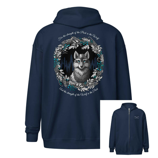 stormseye design silver winter wolf zip hoodie back and front, navy