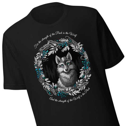 Stormseye Design silver winter wolf T shirt detail view black