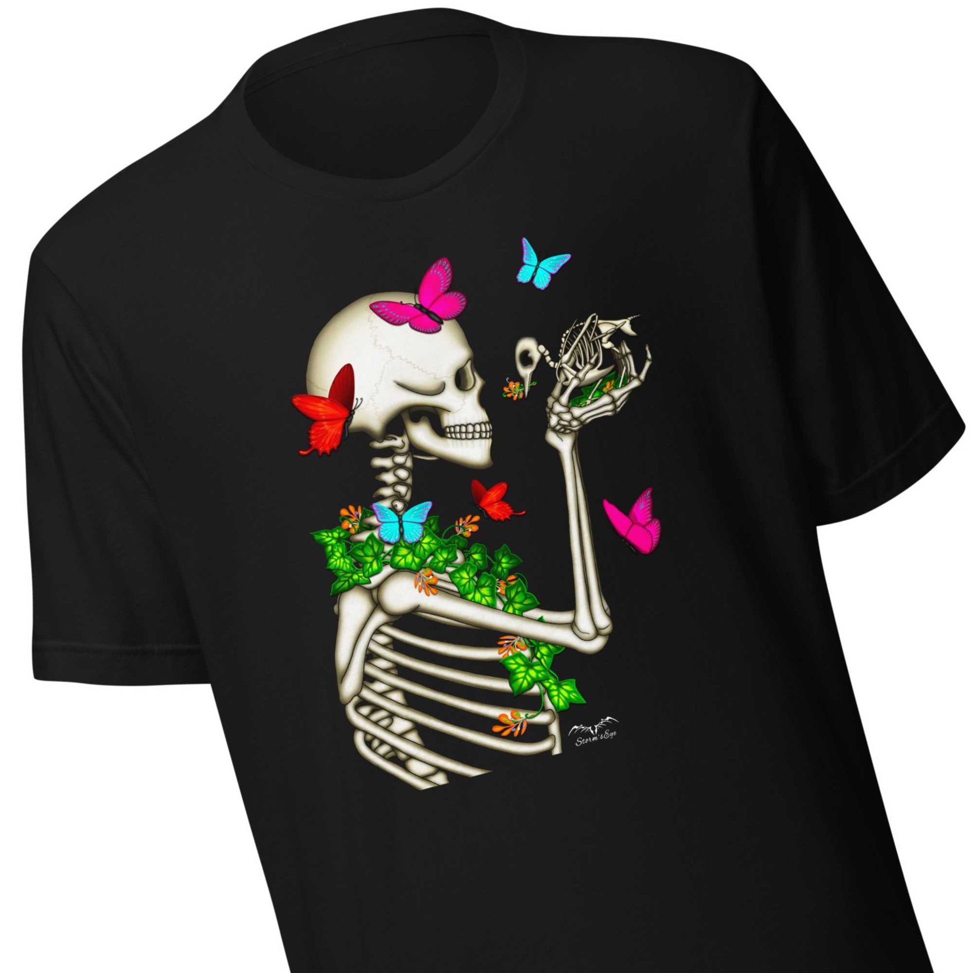 stormseye design skeleton and bird gothic T shirt, detail view black