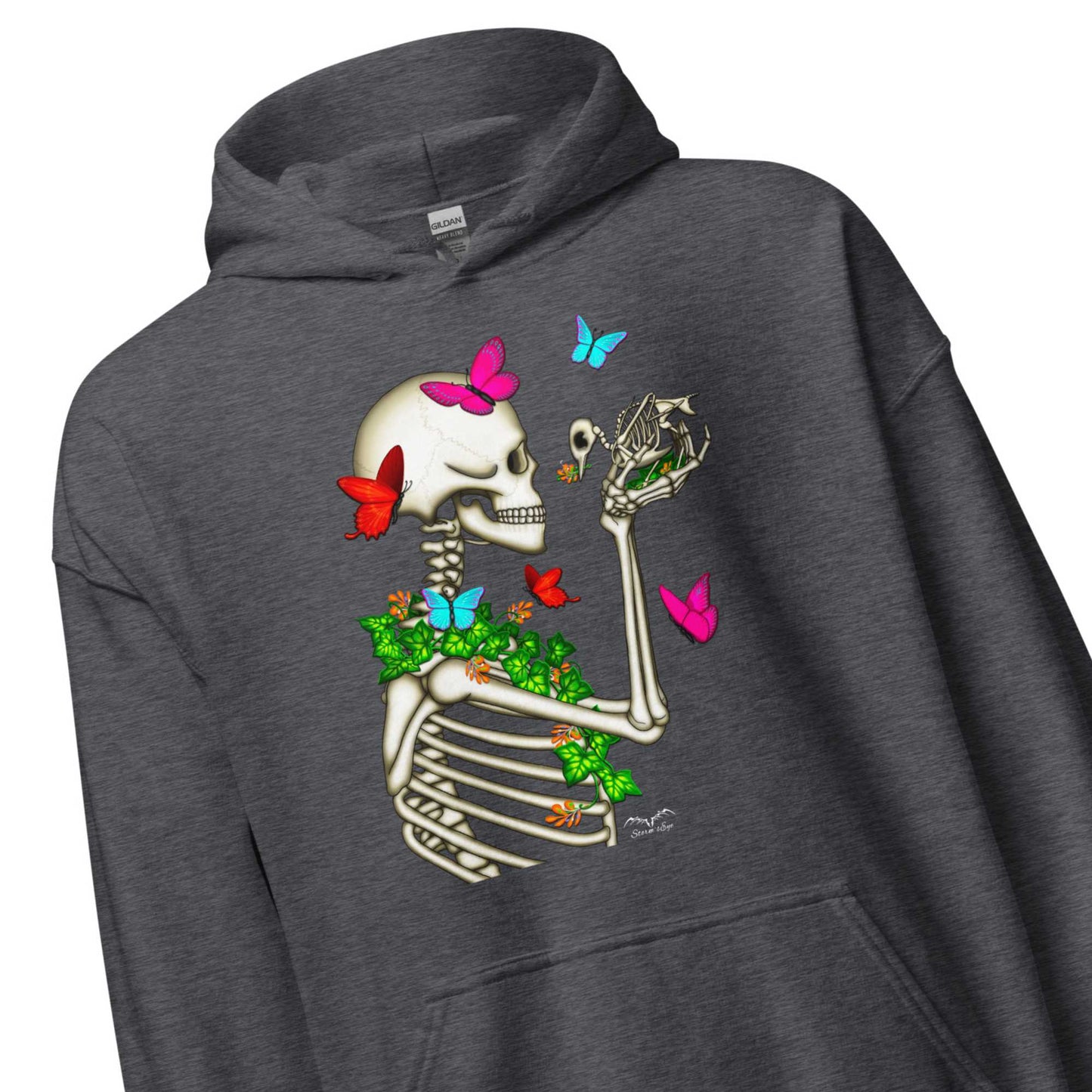 stormseye design skeleton and bird hoodie detail view dark heather